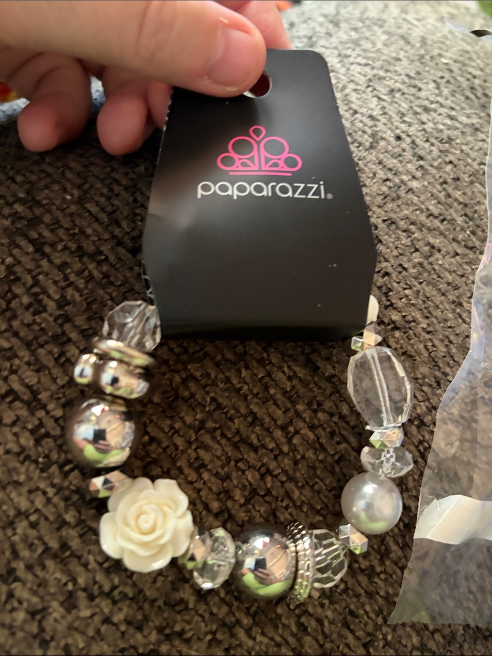 paparazzi Silver & White Rose Bead Stretch Bracelet here I am bracelet – silver